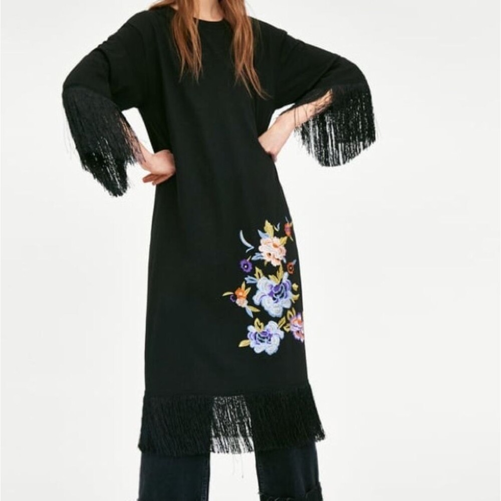 Zara Trafaluc Dress Womens S Black Fringe Floral Embroidered Midi Boho Western